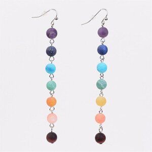 The 7 Chakras Spiritual Mystical Frosted Gemstone Beads Long Dangle Earrings